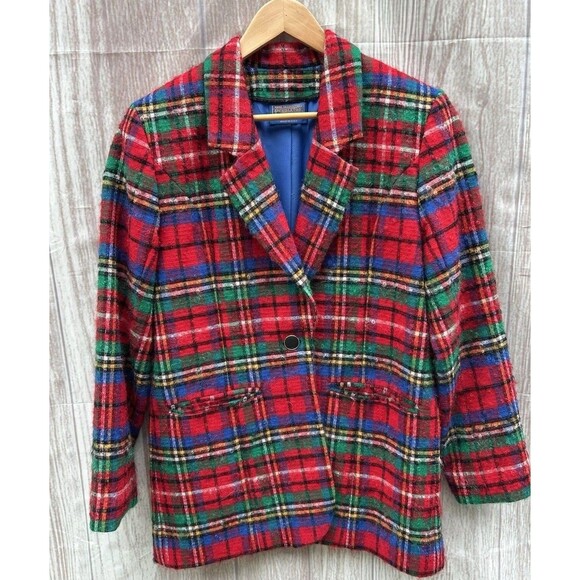 Vtg Pendleton Virgin Wool Blazer Jacket Womens Red Plaid Made USA 10 M Holiday - Picture 1 of 9